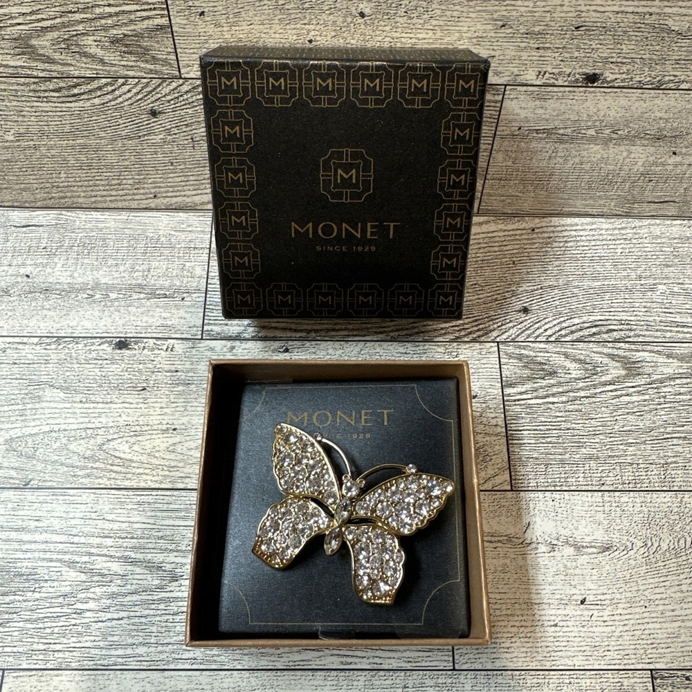 MONET Goldtone Butterfly Pin Brooch Rhinestone‎ Faux Diamond